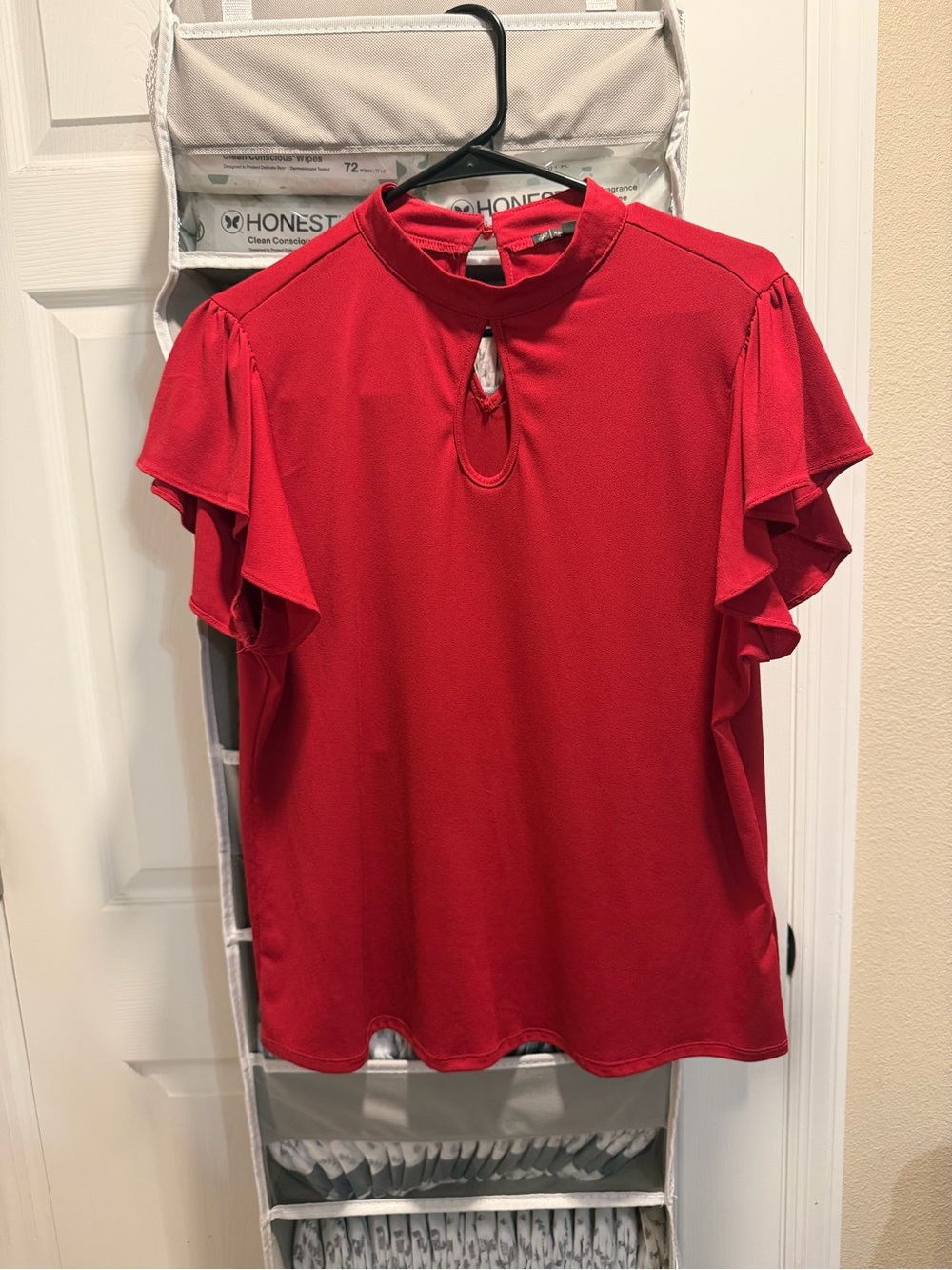 Adrianna Papell Red Flutter-Sleeve Keyhole Blouse
